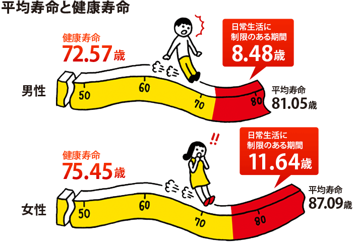 平均寿命と健康寿命 男性:健康寿命72.14歳、平均寿命80.98歳、要介護8.84歳、女性:健康寿命74.79歳、平均寿命87.14歳、要介護12.35歳