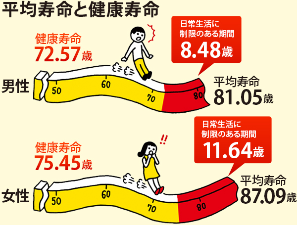 平均寿命と健康寿命 男性:健康寿命72.14歳、平均寿命80.98歳、要介護8.84歳、女性:健康寿命74.79歳、平均寿命87.14歳、要介護12.35歳