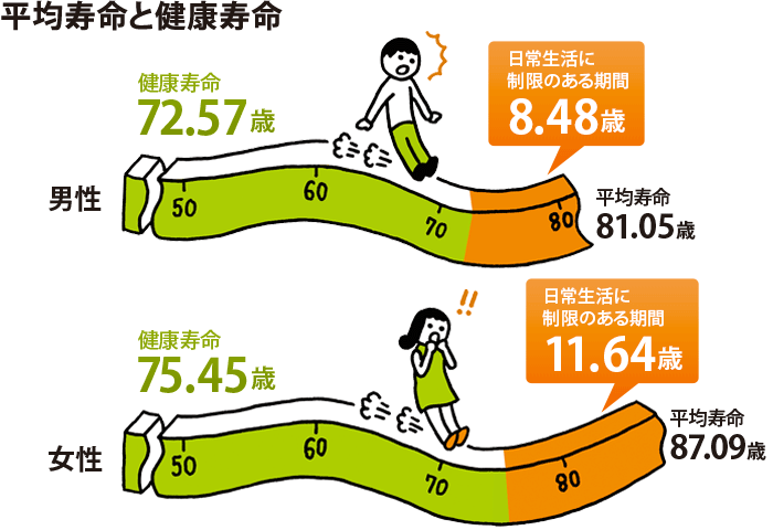 平均寿命と健康寿命 男性:健康寿命72.14歳、平均寿命80.98歳、要介護8.84歳、女性:健康寿命74.79歳、平均寿命87.14歳、要介護12.35歳