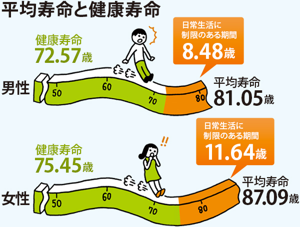 平均寿命と健康寿命 男性:健康寿命72.14歳、平均寿命80.98歳、要介護8.84歳、女性:健康寿命74.79歳、平均寿命87.14歳、要介護12.35歳