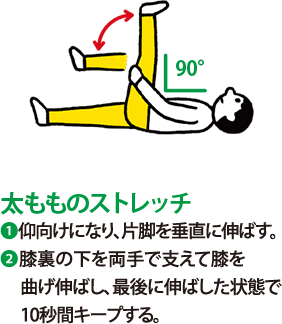 太もものストレッチ:1 仰向けになり、片脚を垂直に伸ばす。 2 膝裏の下を両手で支えて膝を曲げ伸ばし、最後に伸ばした状態で10秒間キープする。