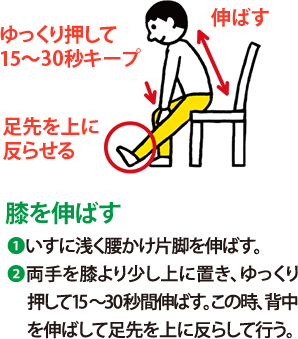 膝を伸ばす:1 いすに浅く腰かけ片脚を伸ばす。 2 両手を膝より少し上に置き、ゆっくり押して15～30秒間伸ばす。この時、背中を伸ばして足先を上に反らして行う。