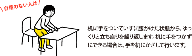 自信のない人は、机に手をついていすに腰かけた状態から、ゆっくりと立ち座りを繰り返します。机に手をつかずにできる場合は、手を机にかざして行います。