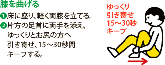 膝を曲げる:1 床に座り、軽く両膝を立てる。 2 片方の足首に両手を添え、ゆっくりとお尻の方へ引き寄せ、15～30秒間キープする。