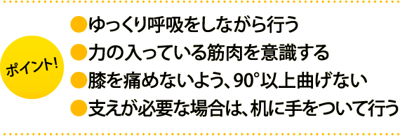 ポイント:・ゆっくり呼吸をしながら行う・力の入っている筋肉を意識する。・膝を痛めないよう、90°以上曲げない ・支えが必要な場合は、机に手をついて行う