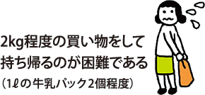 2kg程度の買い物をして持ち帰るのが困難である（1Lの牛乳パック2個程度）