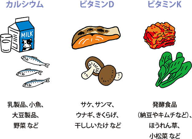 カルシウム（乳製品、小魚、大豆製品、野菜 など）、ビタミンD（サケ、サンマ、ウナギ、きくらげ、干ししいたけ など）、ビタミンK（発酵食品（納豆やキムチなど）、ほうれん草、小松菜 など）