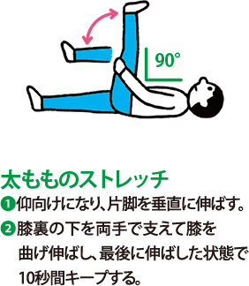 太もものストレッチ:1 仰向けになり、片脚を垂直に伸ばす。 2 膝裏の下を両手で支えて膝を曲げ伸ばし、最後に伸ばした状態で10秒間キープする。