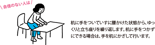 自信のない人は、机に手をついていすに腰かけた状態から、ゆっくりと立ち座りを繰り返します。机に手をつかずにできる場合は、手を机にかざして行います。