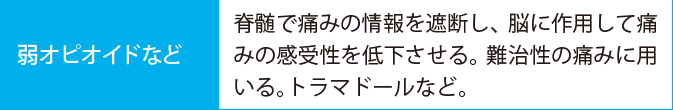 弱オピオイドなど:脊髄で痛みの情報を遮断し、脳に作用して痛みの感受性を低下させる。難治性の痛みに用いる。トラマドールなど。