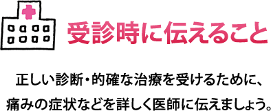 受診時に伝えること　正しい診断・的確な治療を受けるために、痛みの症状などを詳しく医師に伝えましょう。