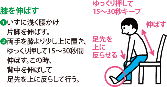 膝を伸ばす:1 いすに浅く腰かけ片脚を伸ばす。 2 両手を膝より少し上に置き、ゆっくり押して15～30秒間伸ばす。この時、背中を伸ばして足先を上に反らして行う。