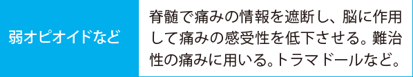 弱オピオイドなど:脊髄で痛みの情報を遮断し、脳に作用して痛みの感受性を低下させる。難治性の痛みに用いる。トラマドールなど。