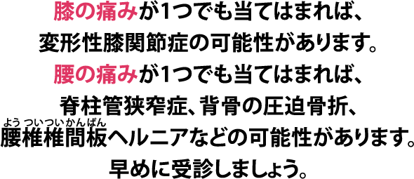 膝の痛みが1つでも当てはまれば、変形性膝関節症の可能性があります。腰の痛みが1つでも当てはまれば、脊柱管狭窄症、背骨の圧迫骨折、腰椎椎間板ヘルニアなどの可能性があります。早めに受診しましょう。