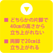 ■どちらかの片脚で40cmの高さから立ち上がれない　■両脚で20cmは立ち上がれる