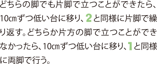 どちらの脚でも片脚で立つことができたら、10㎝ずつ低い台に移り、2と同様に片脚で繰り返す。どちらか片方の脚で立つことができなかったら、10㎝ずつ低い台に移り、1と同様に両脚で行う。