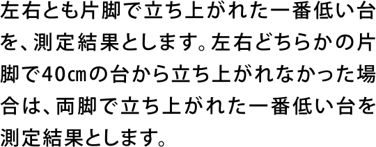 左右とも片脚で立ち上がれた一番低い台を、測定結果とします。左右どちらかの片脚で40㎝の台から立ち上がれなかった場合は、両脚で立ち上がれた一番低い台を測定結果とします。