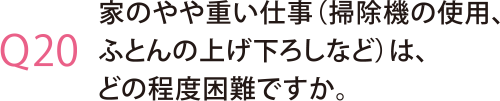 家のやや重い仕事（掃除機の使用、ふとんの上げ下ろしなど）は、どの程度困難ですか。